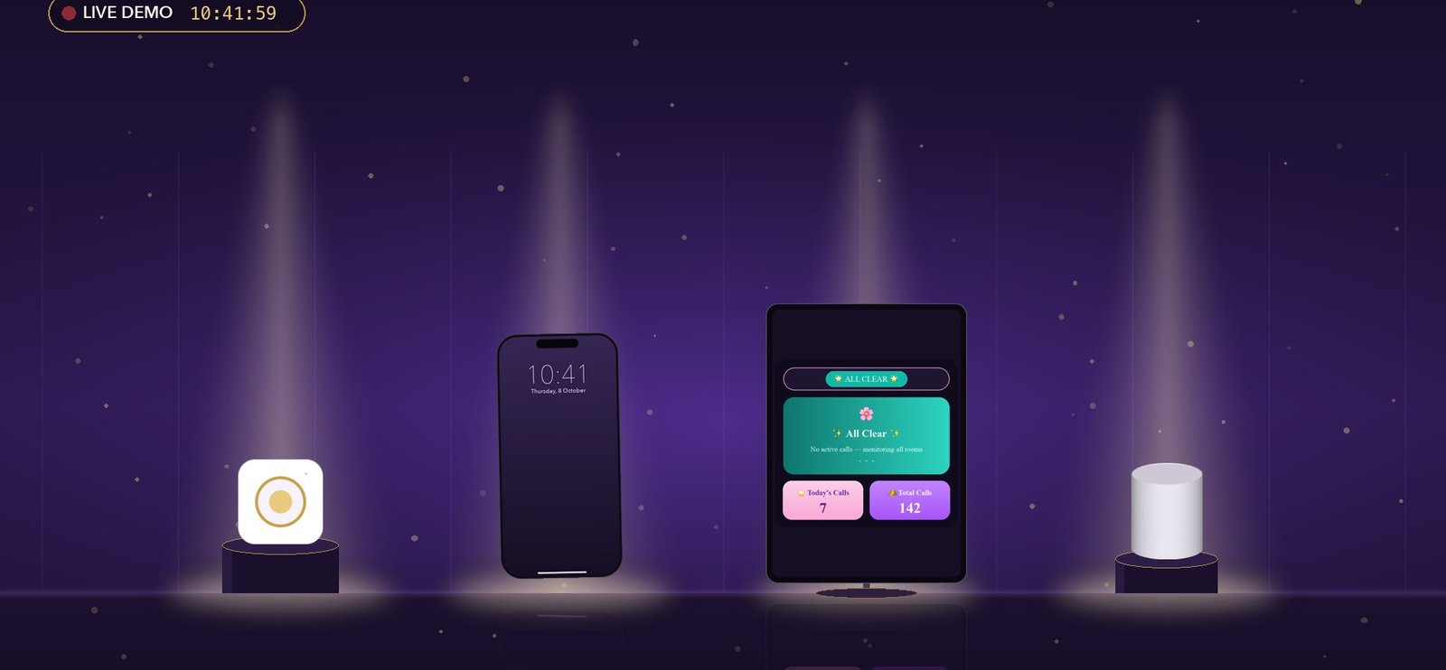 Butler Calling demo stage with a call button, staff phone, dashboard tablet and smart speaker