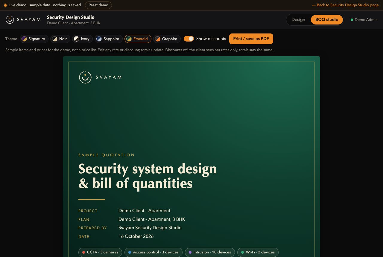 BOQ studio in the Emerald theme with sample items and prices