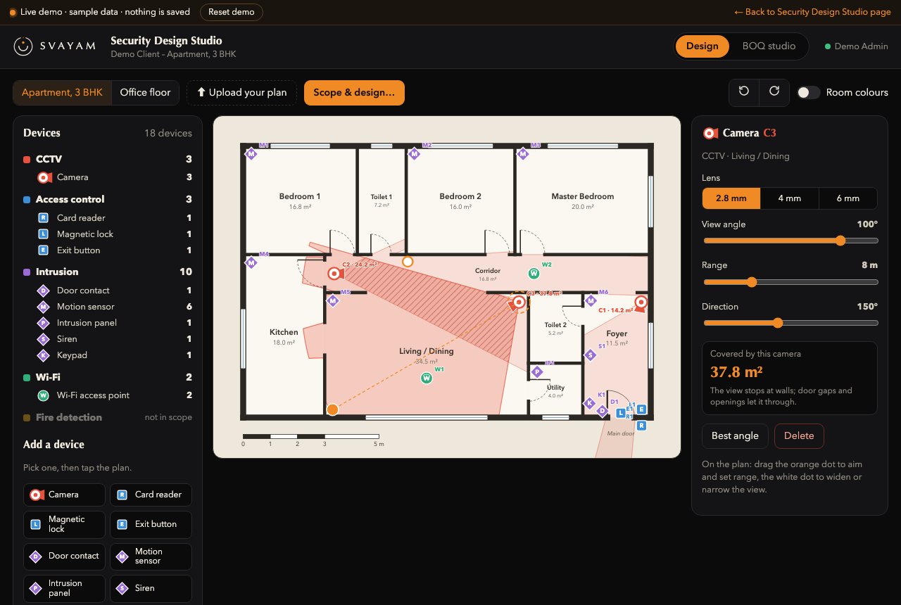 Security Design Studio demo: a camera's view on a sample apartment plan, cut by walls, with its covered area