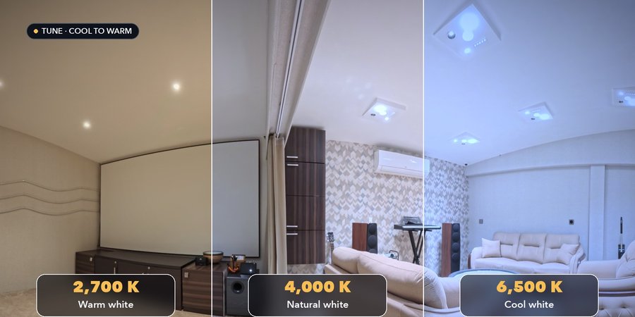 One room shown in warm, natural and cool white light side by side