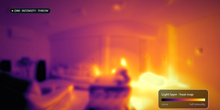 Heat map of one light's throw across the room