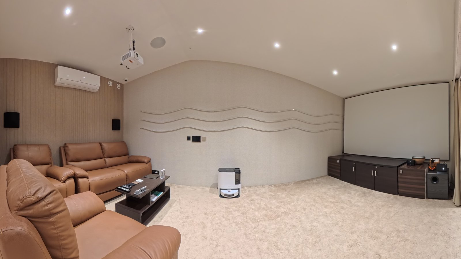 Real photo of a home theatre lounge with every light on, as shown in Svayam 3D