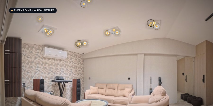 Real room photo with a tappable point on every light fitting