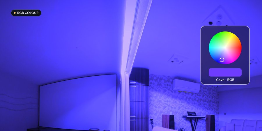 Theatre wall washed violet by the RGB cove, with a colour picker